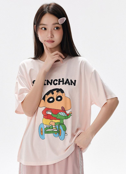 【カップル】プリント ペア 半袖 パジャマ Tシャツ+ハーフパンツ セットアップ C-50008