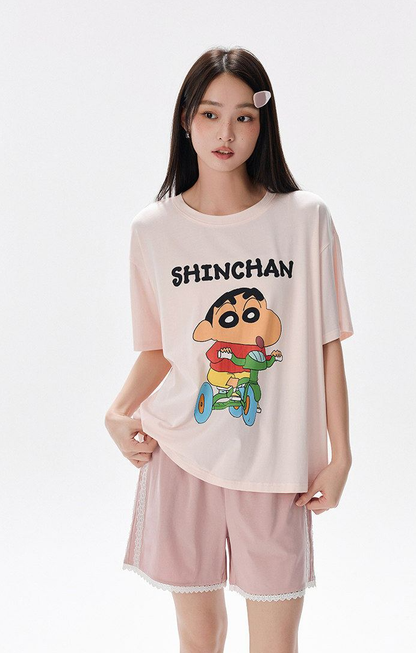 【カップル】プリント ペア 半袖 パジャマ Tシャツ+ハーフパンツ セットアップ C-50008