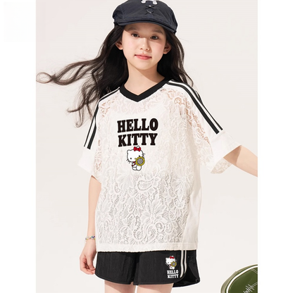 カジュアル派 レース Vネック Tシャツ+ショートパンツ セットアップ n-124