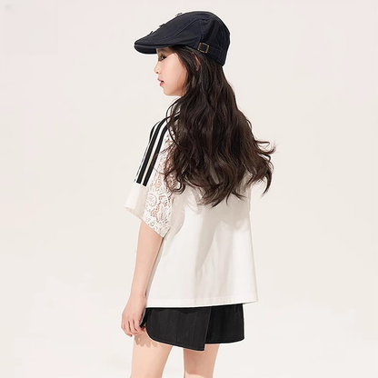 カジュアル派 レース Vネック Tシャツ+ショートパンツ セットアップ n-124
