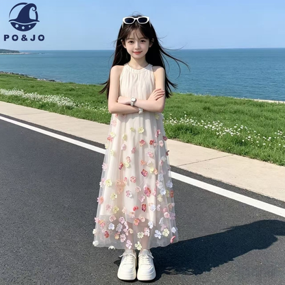 立体花飾り Aライン 子供 マキシワンピース n-137