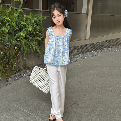 リゾート風 フリルストラップ トップス+ワイドパンツ セットアップ n-204