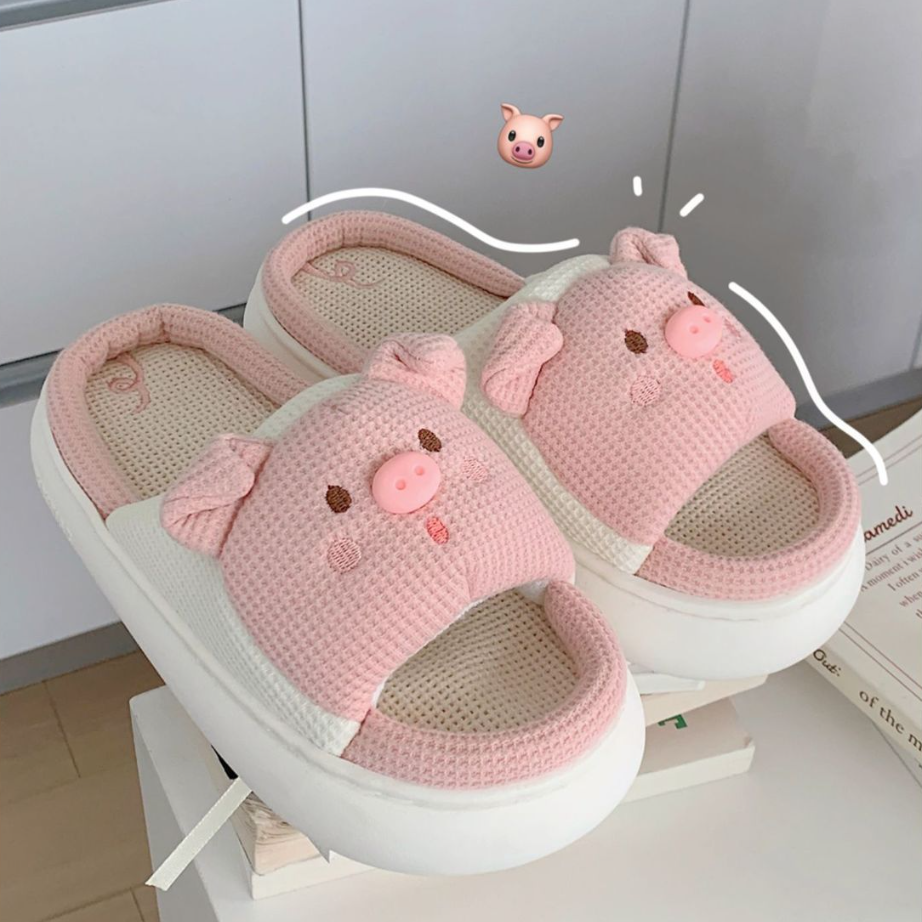 立体ぶたぬいぐるみ ワッフル生地 厚底 滑り止め 通気性 シューズ スリッパ C-310