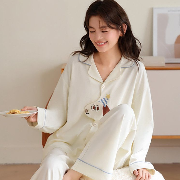可愛い犬総柄 綿100% シャツ襟 柔らか肌触り トップス+ストレートパンツ パジャマセット C-50026