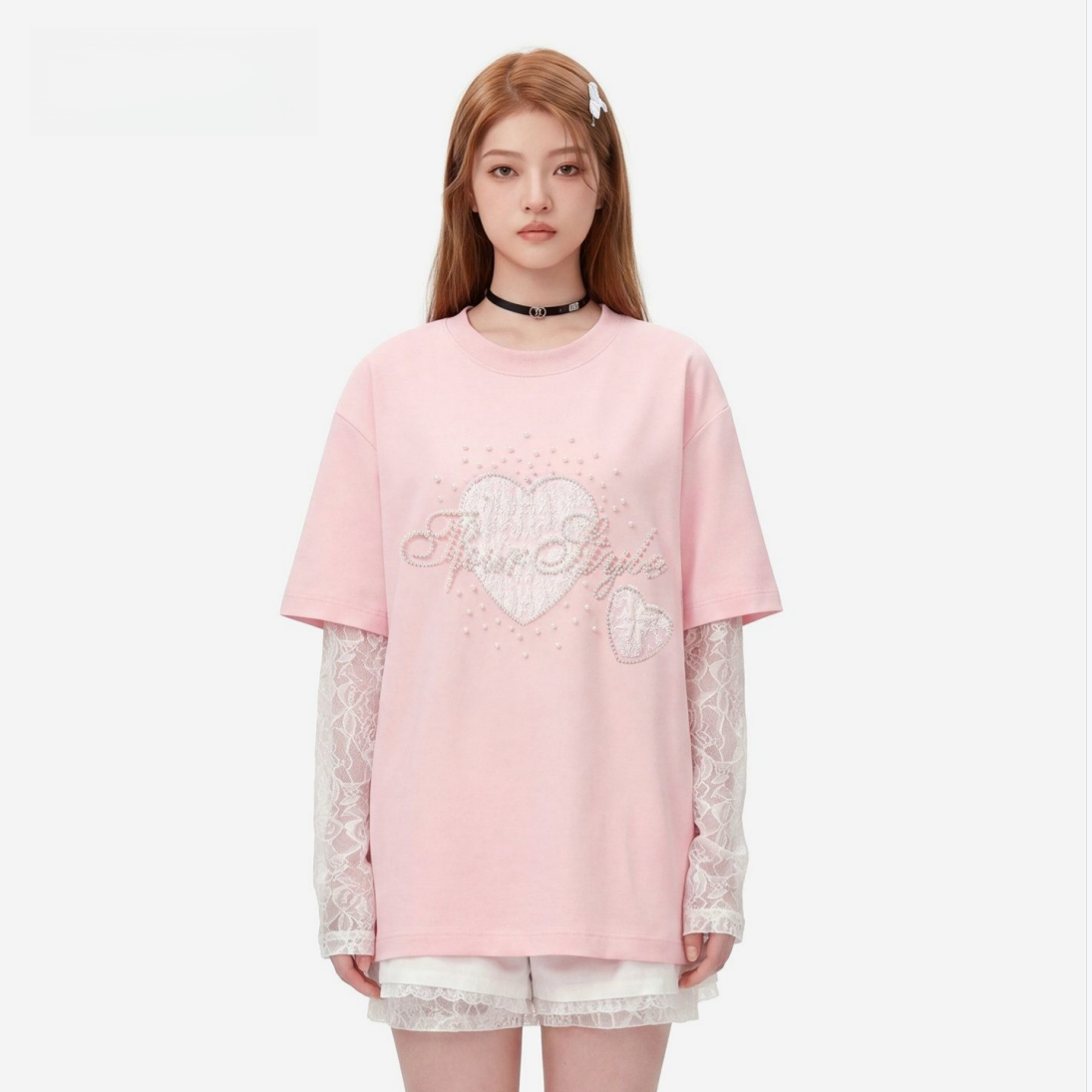 2WAY着こなし パール飾り 重ね着風 取り外しレーススリーブ  Tシャツ C-50028
