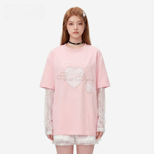 2WAY着こなし パール飾り 重ね着風 取り外しレーススリーブ  Tシャツ C-50028