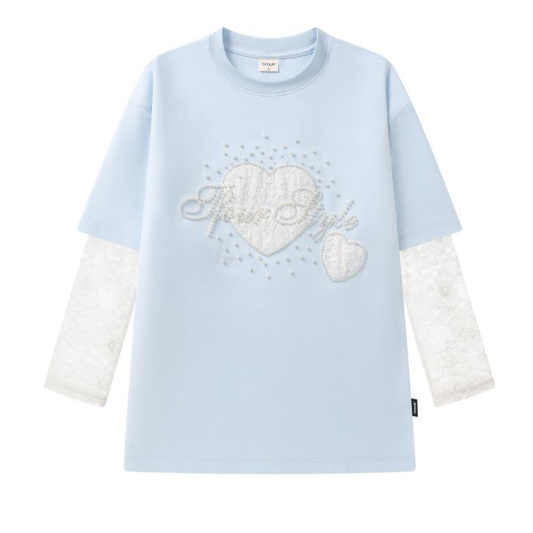 2WAY着こなし パール飾り 重ね着風 取り外しレーススリーブ  Tシャツ C-50028