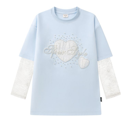 2WAY着こなし パール飾り 重ね着風 取り外しレーススリーブ  Tシャツ C-50028