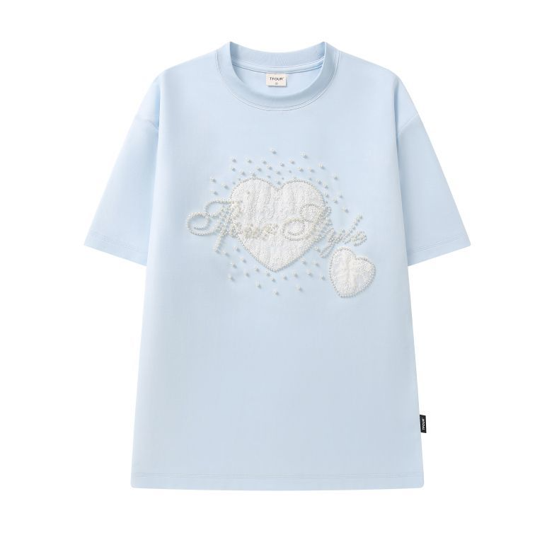 2WAY着こなし パール飾り 重ね着風 取り外しレーススリーブ  Tシャツ C-50028