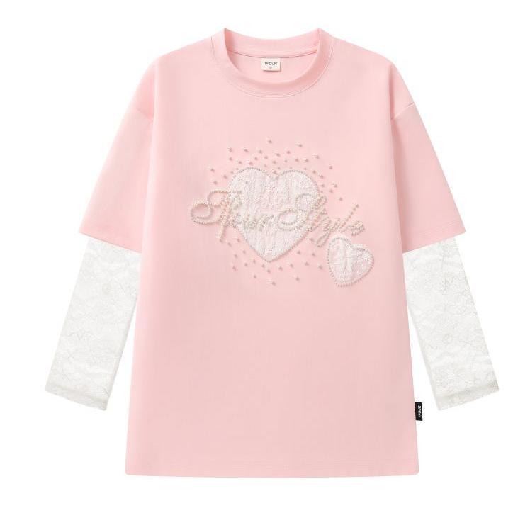 2WAY着こなし パール飾り 重ね着風 取り外しレーススリーブ  Tシャツ C-50028