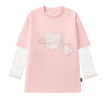 2WAY着こなし パール飾り 重ね着風 取り外しレーススリーブ  Tシャツ C-50028