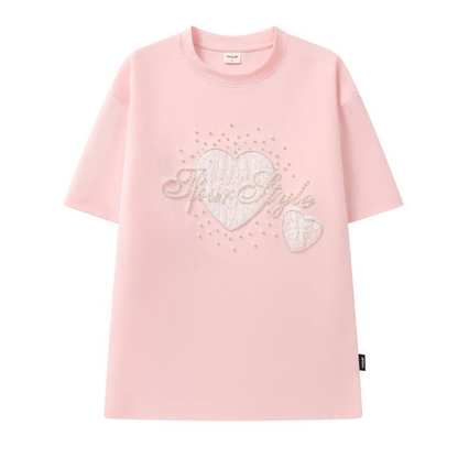 2WAY着こなし パール飾り 重ね着風 取り外しレーススリーブ  Tシャツ C-50028