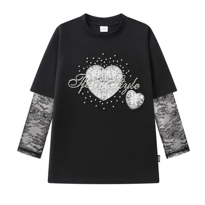 2WAY着こなし パール飾り 重ね着風 取り外しレーススリーブ  Tシャツ C-50028
