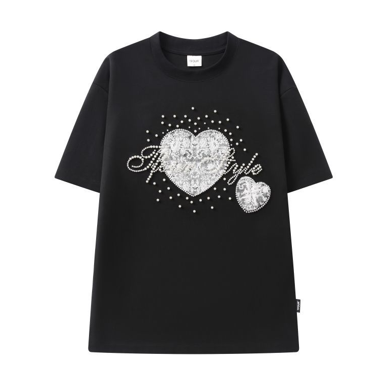 2WAY着こなし パール飾り 重ね着風 取り外しレーススリーブ  Tシャツ C-50028
