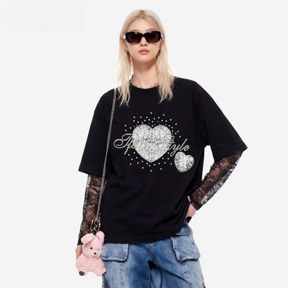 2WAY着こなし パール飾り 重ね着風 取り外しレーススリーブ  Tシャツ C-50028