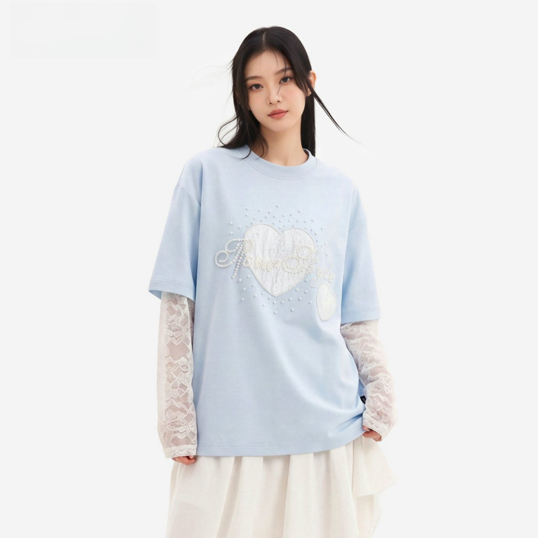 2WAY着こなし パール飾り 重ね着風 取り外しレーススリーブ  Tシャツ C-50028