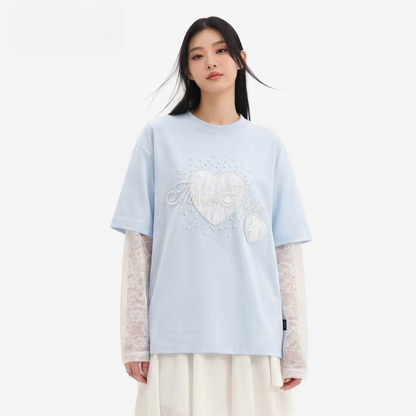 2WAY着こなし パール飾り 重ね着風 取り外しレーススリーブ  Tシャツ C-50028