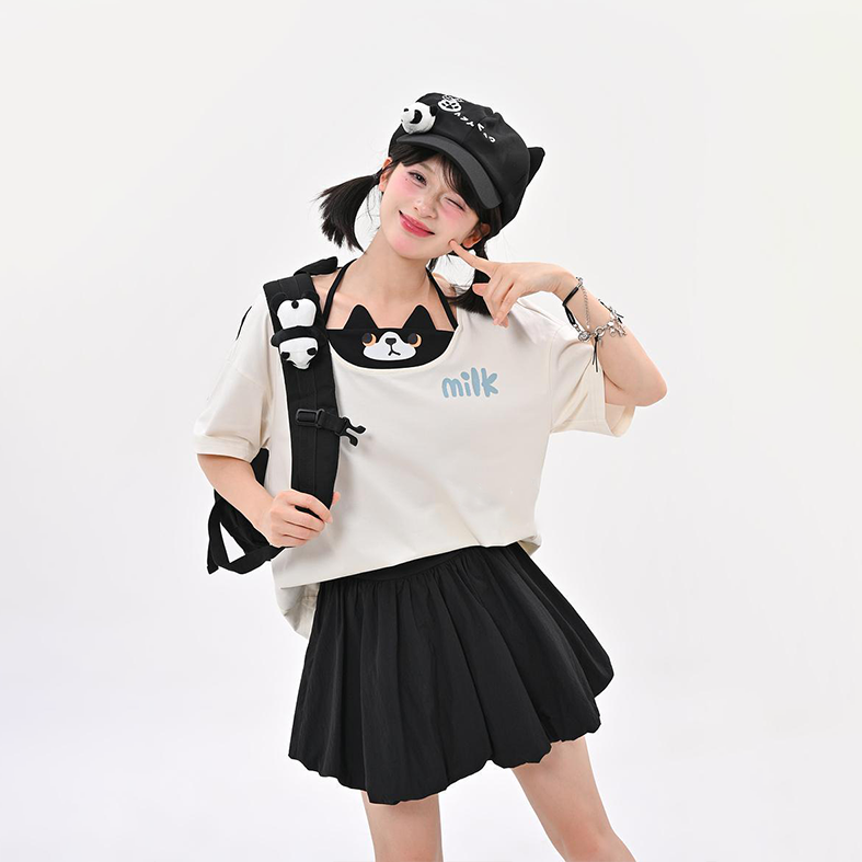 単品注文 重ね着風 子猫プリント 半袖 Tシャツ+ボリューム ミニスカート C-50029