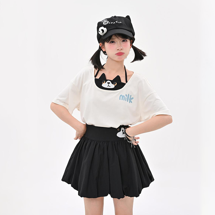 単品注文 重ね着風 子猫プリント 半袖 Tシャツ+ボリューム ミニスカート C-50029
