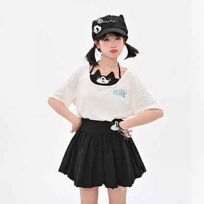 単品注文 重ね着風 子猫プリント 半袖 Tシャツ+ボリューム ミニスカート C-50029
