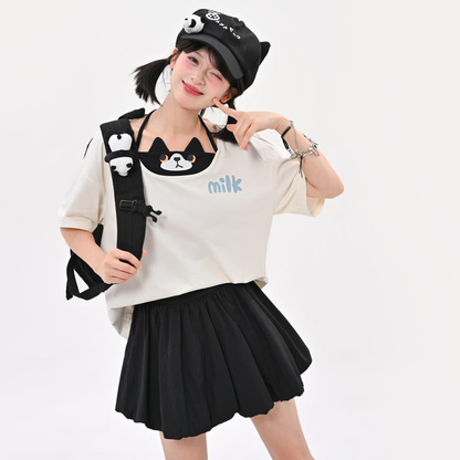 単品注文 重ね着風 子猫プリント 半袖 Tシャツ+ボリューム ミニスカート C-50029
