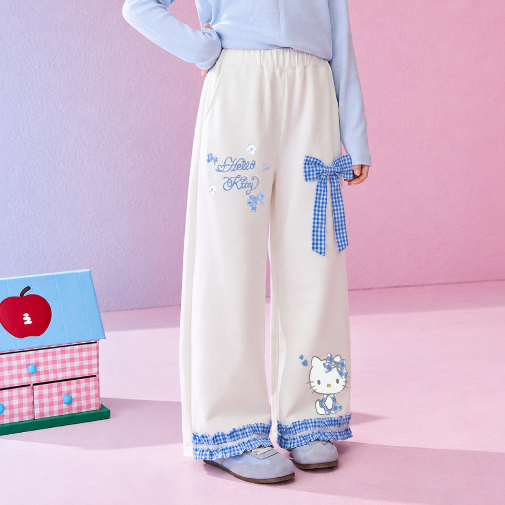 ガーリー 春秋 チェック柄 リボン ワイドパンツ n-407