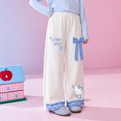 ガーリー 春秋 チェック柄 リボン ワイドパンツ n-407