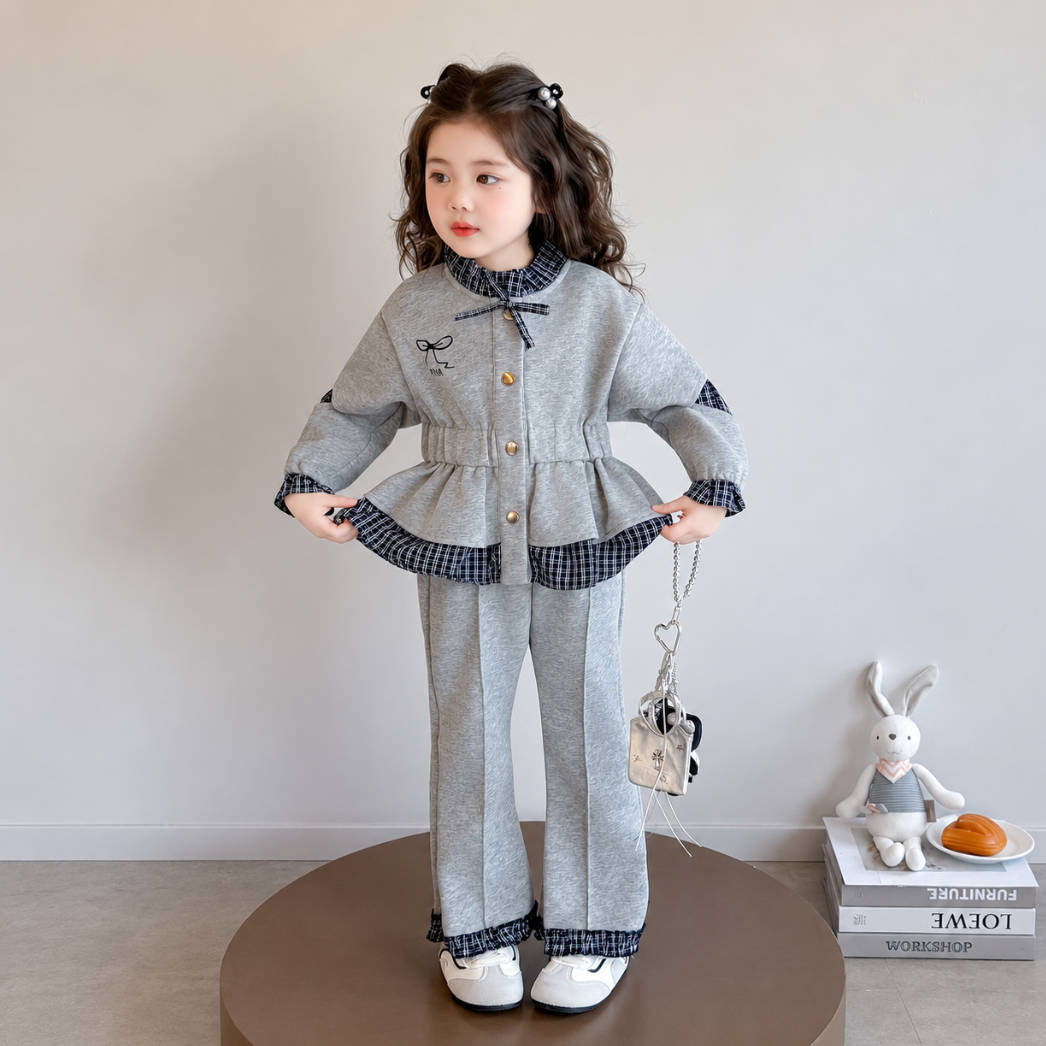 二点セット チェック柄 切り替え リボン飾り トップス + パンツ セットアップ n-468