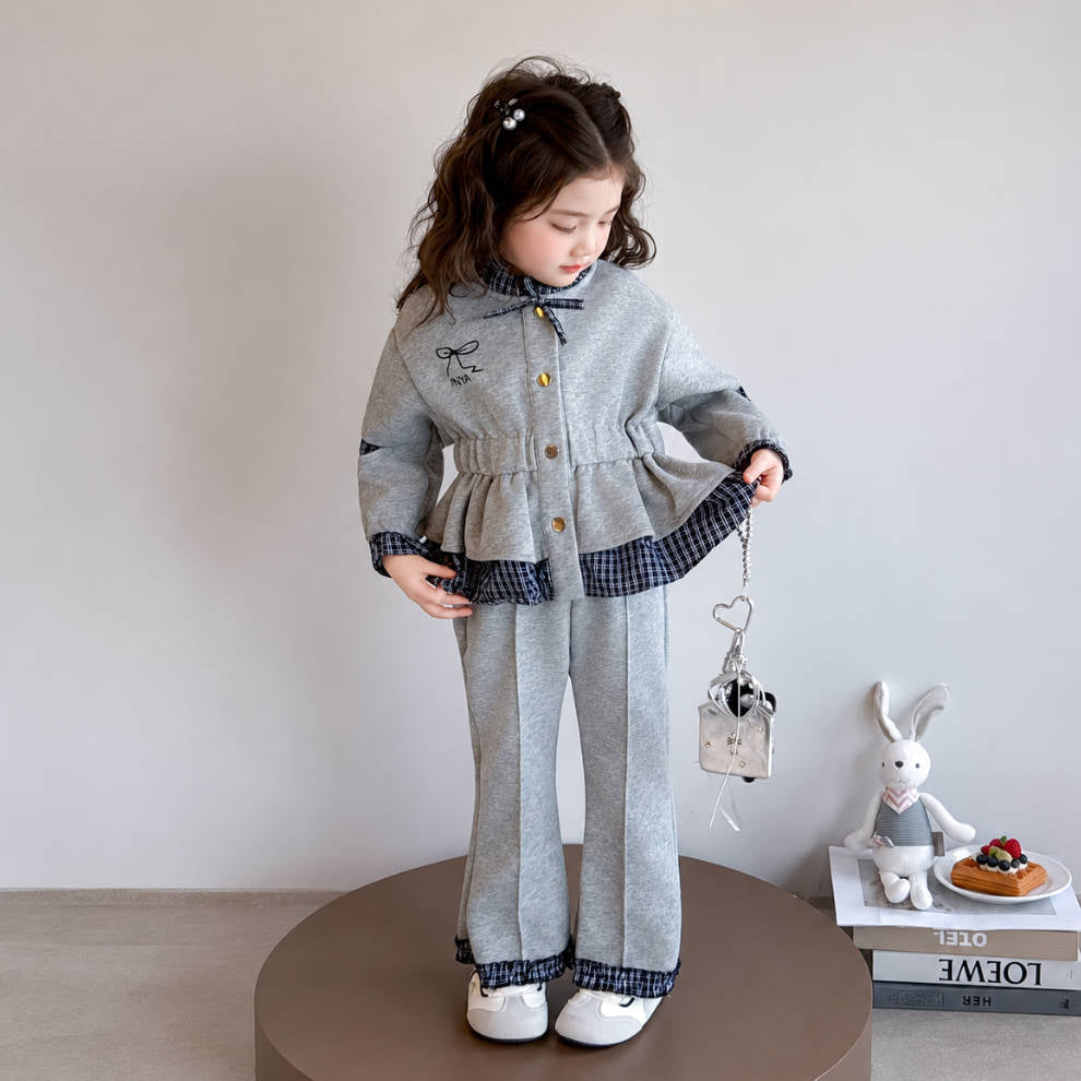 二点セット チェック柄 切り替え リボン飾り トップス + パンツ セットアップ n-468