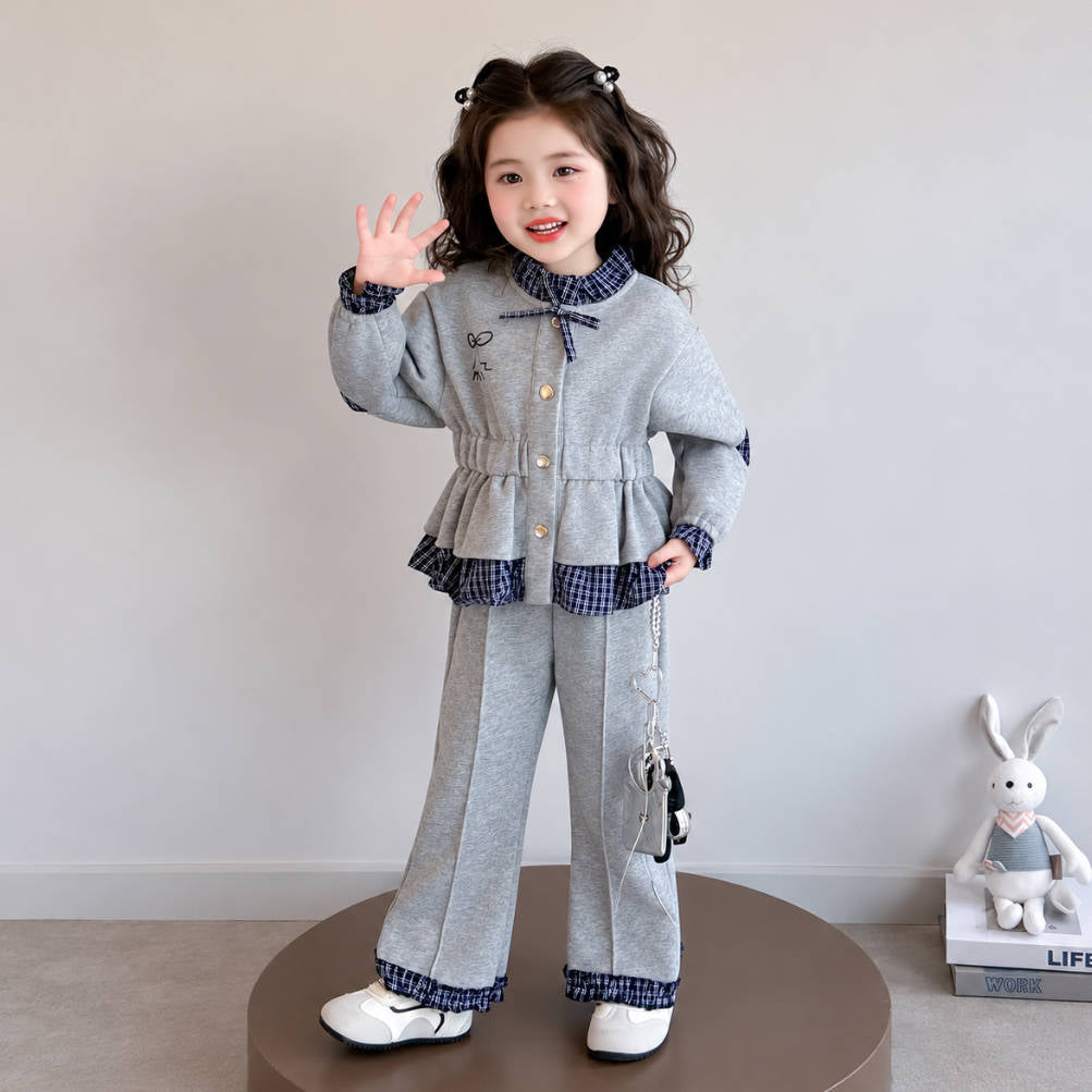 二点セット チェック柄 切り替え リボン飾り トップス + パンツ セットアップ n-468