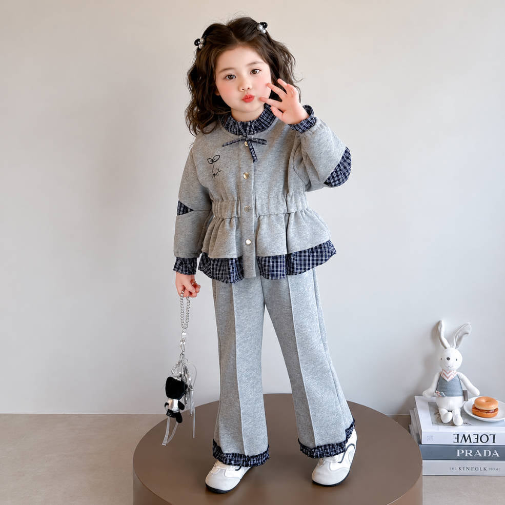 二点セット チェック柄 切り替え リボン飾り トップス + パンツ セットアップ n-468