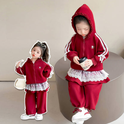二点セット フード付き トップス + レースフリル パンツ セットアップ n-469