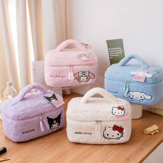 大容量 ふわもこ 刺繍 持ち手付き 化粧ポーチ C-554