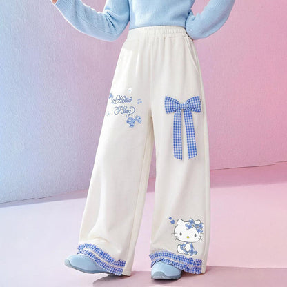 ガーリー 春秋 チェック柄 リボン ワイドパンツ n-407