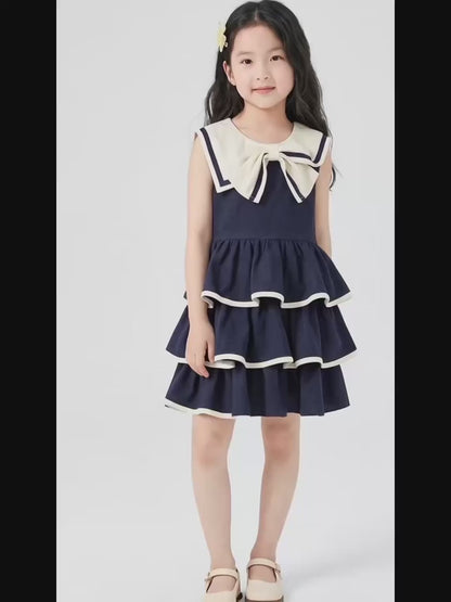 ♡リボン付き マリン襟 濃紺 キッズ 夏服 ワンピース n-317