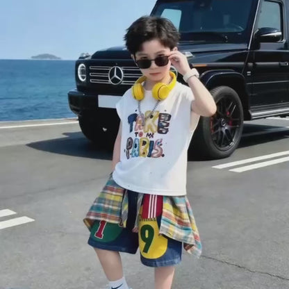 プリント ノースリーブ Tシャツ+ショーツ セットアップ n-169