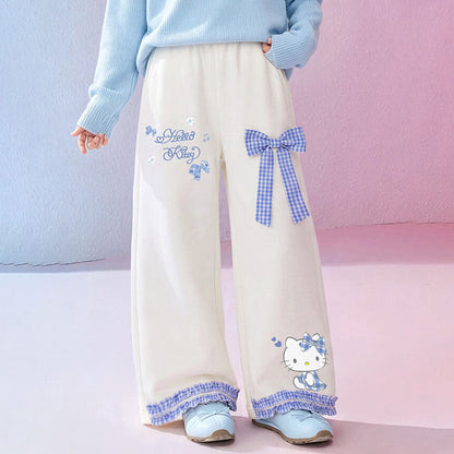 ガーリー 春秋 チェック柄 リボン ワイドパンツ n-407
