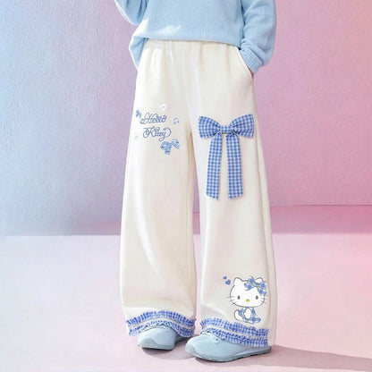 ガーリー 春秋 チェック柄 リボン ワイドパンツ n-407